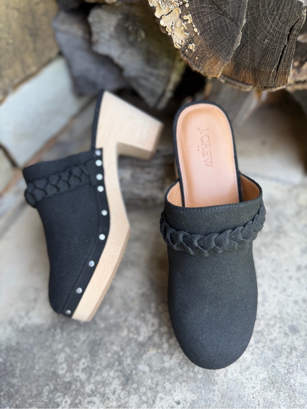 J. Crew Black Braided Suede Textile Clog Mules with Wood Heel NWOB Sz-8. P